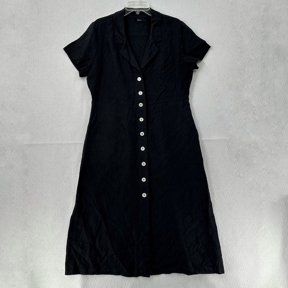 Quince Black European Linen L Shirt Dress Button Front Midi Lagenlook Flax Retro - Picture 1 of 12